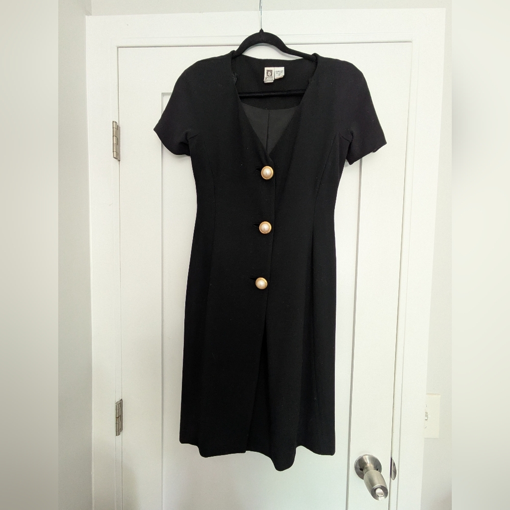 Anne Klein Black Midi Dress with Gold Pearl Buttons